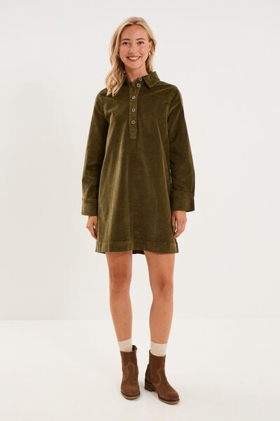 Robe droite velours col chemise vert kaki femme