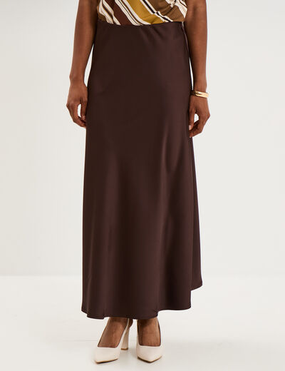 Jupe longue &eacute;vas&eacute;e effet satin marron fonc&eacute; femme