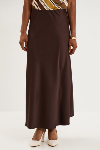 Jupe longue &eacute;vas&eacute;e effet satin marron fonc&eacute; femme