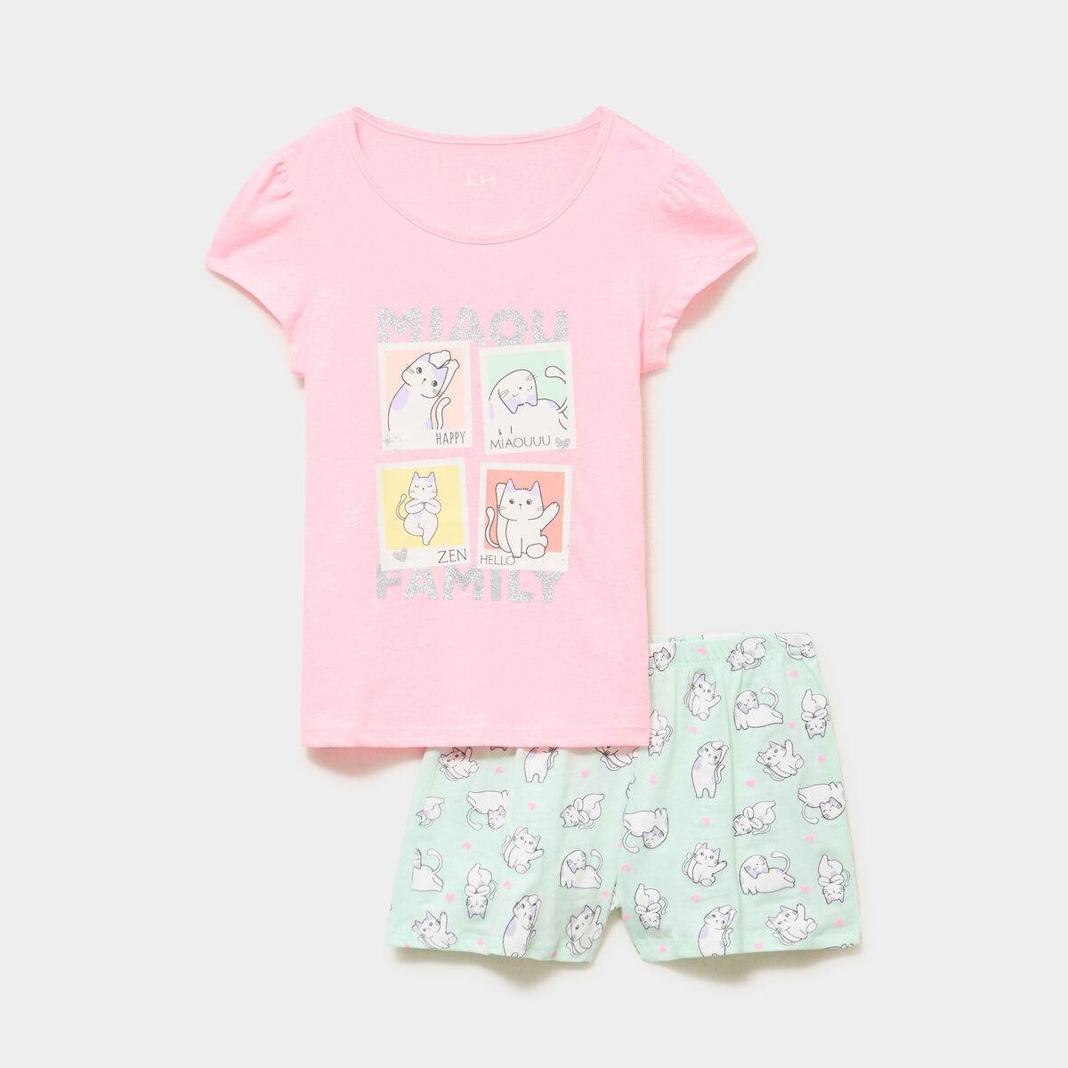 Ensemble pyjama t-shirt et short coton rose fluo fille