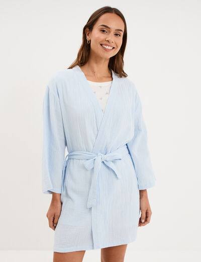 Peignoir court ceintur&eacute; gaze de coton bleu ciel femme