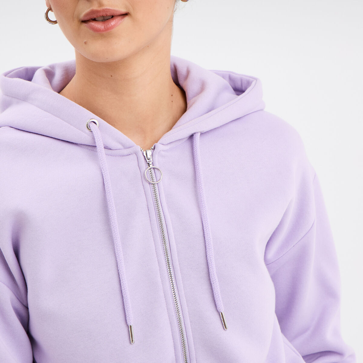 Sweat zippé à capuche court violet clair femme