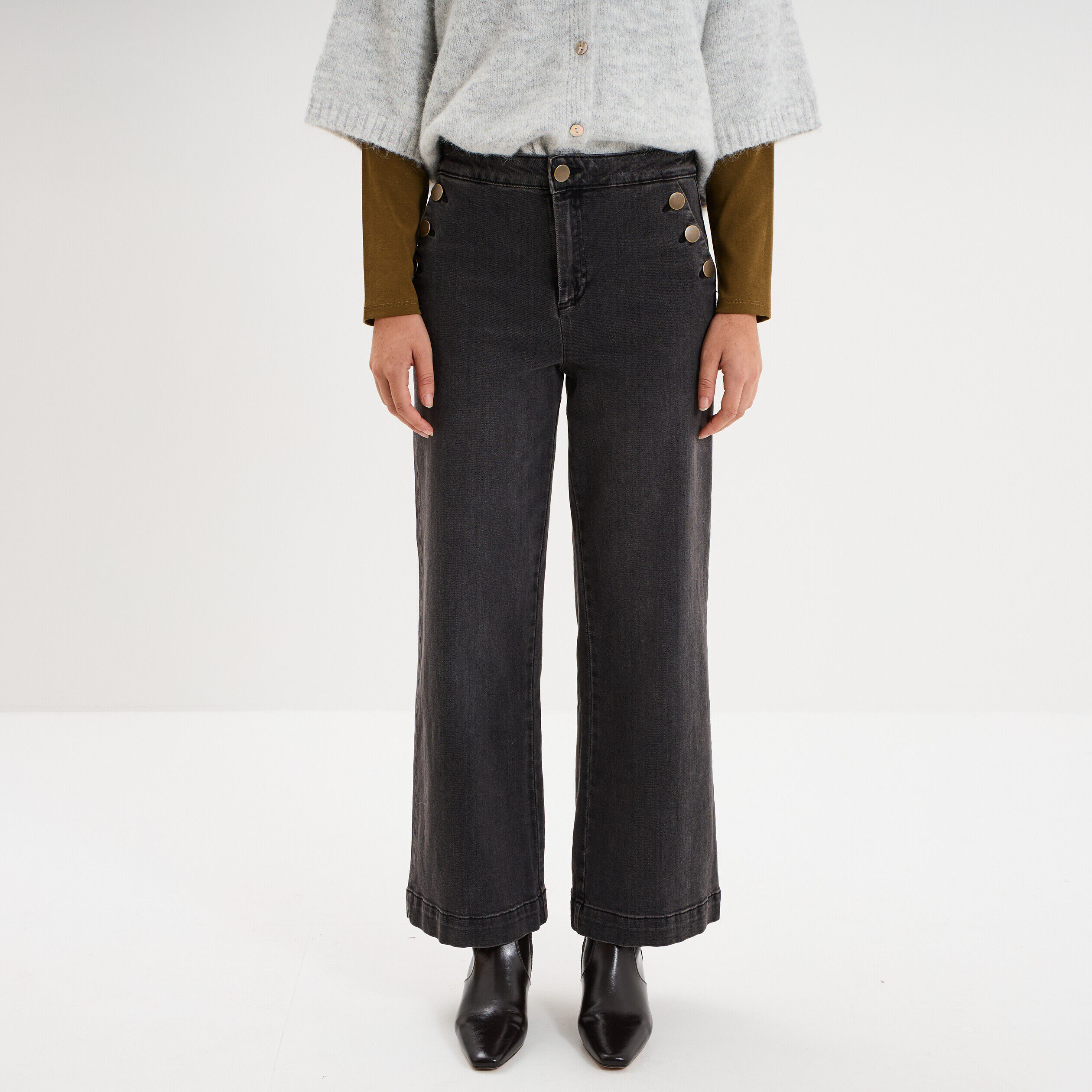 Jean large cropped à pont taille haute denim noir femme