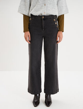 Jean large cropped &agrave; pont taille haute denim noir femme
