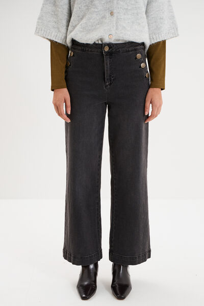 Jean large cropped &agrave; pont taille haute denim noir femme