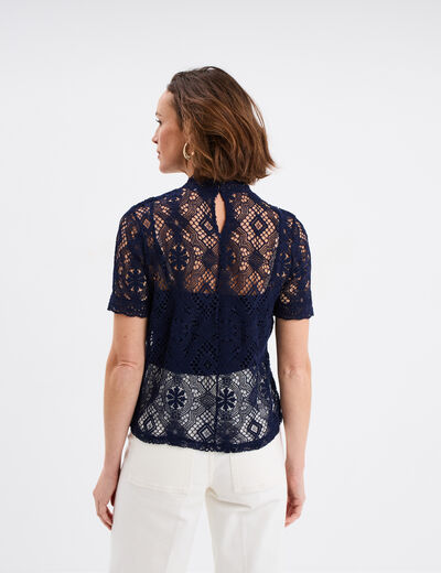 T-shirt dentelle manches courtes bleu marine femme