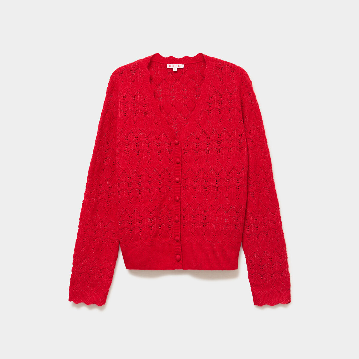 Gilet ajour&eacute; col V manches longues rouge femme