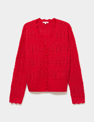 Gilet ajour&eacute; col V manches longues rouge femme