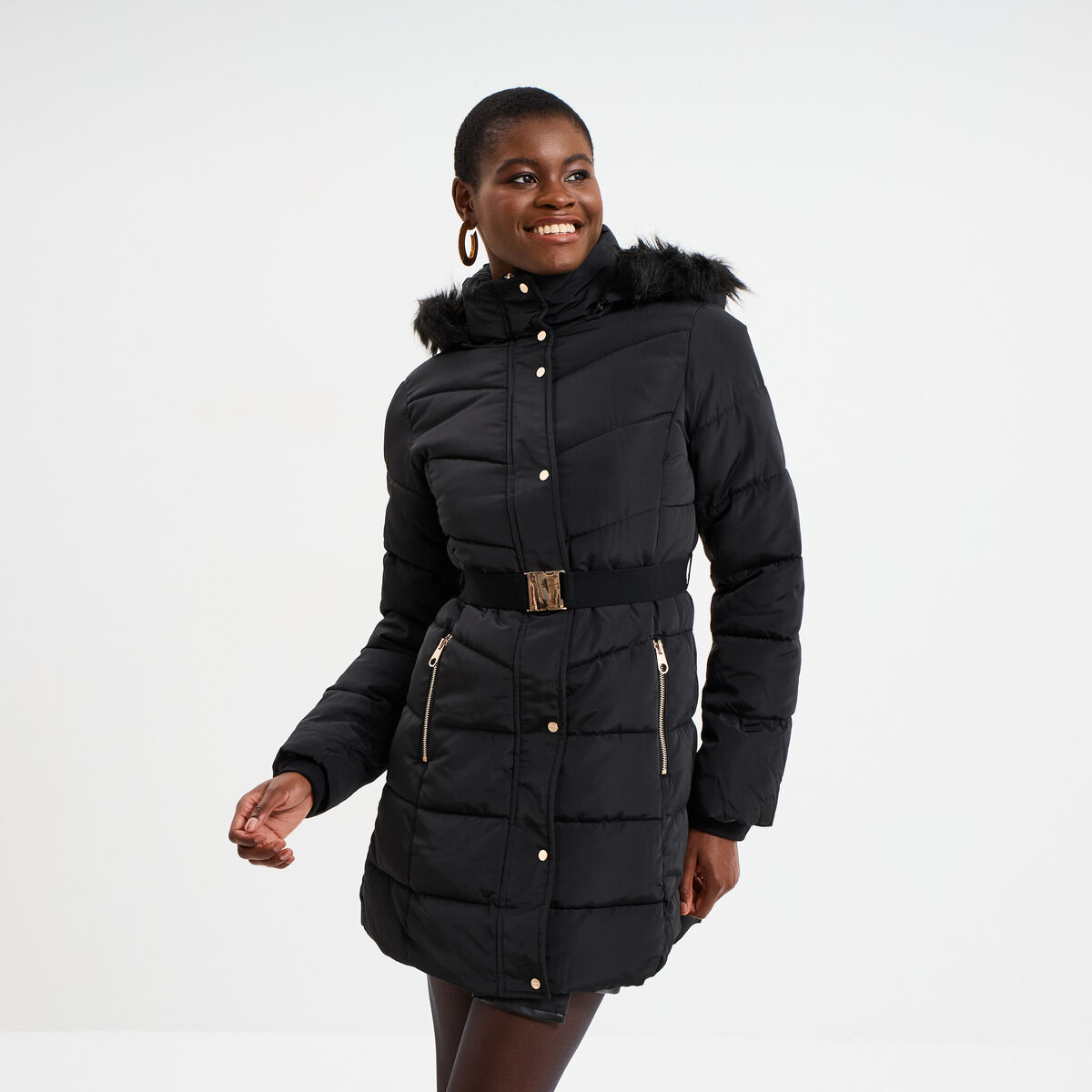 Doudoune ceintur&eacute;e mi-longue &agrave; capuche noir femme