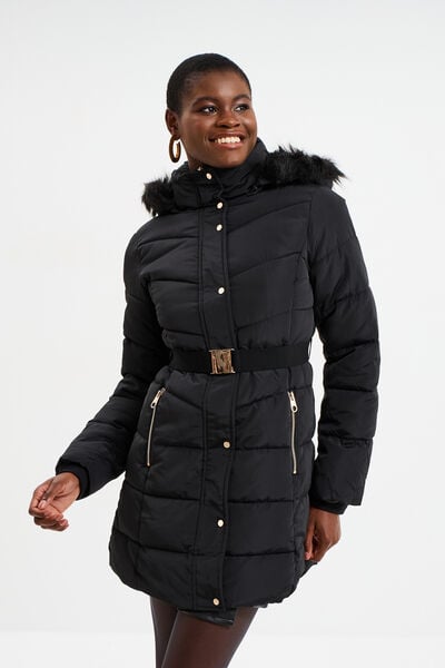 Doudoune ceintur&eacute;e mi-longue &agrave; capuche noir femme