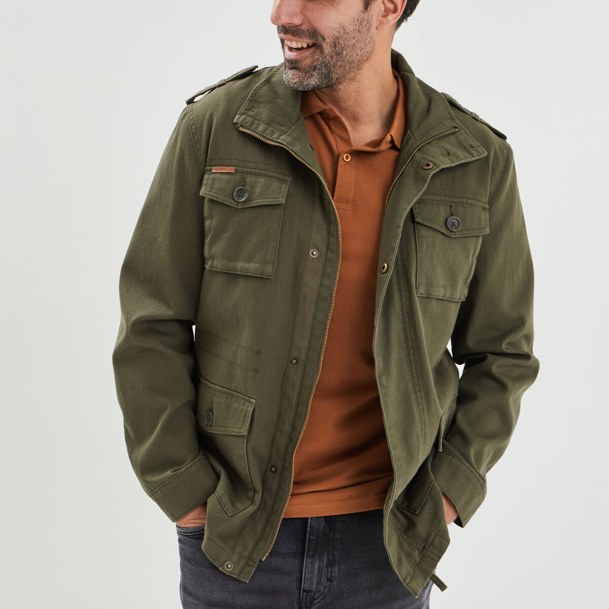 Veste droite col montant vert kaki homme