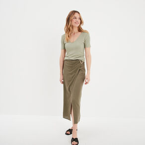T-shirt col en V côtelé vert kaki femme