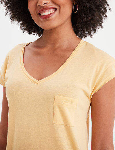 T-shirt col v poche poitrine Creeks jaune clair femme