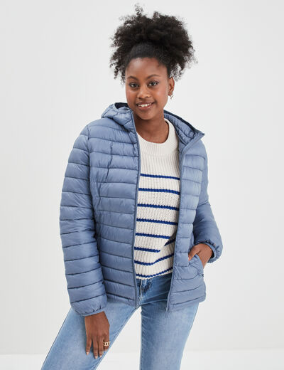 Doudoune l&eacute;g&egrave;re d&eacute;perlante &agrave; capuche bleu gris femme