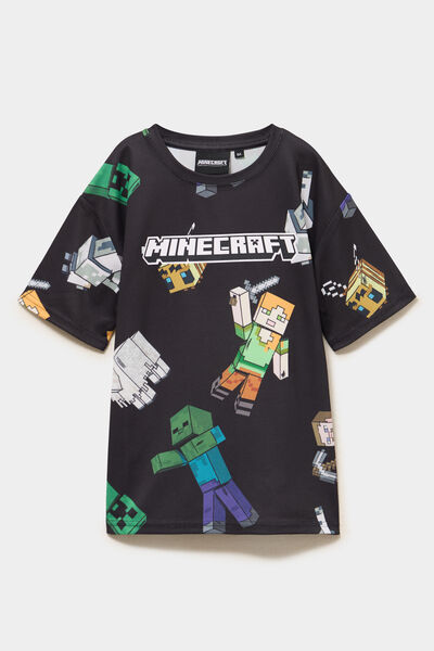 T-shirt manches courtes droit Minecraft noir gar&ccedil;on
