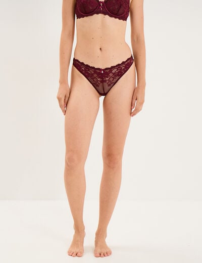 Tanga en dentelle prune femme
