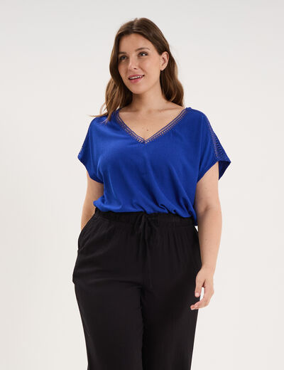 T-shirt bandes dentelle col en V bleu electrique femme grande taille