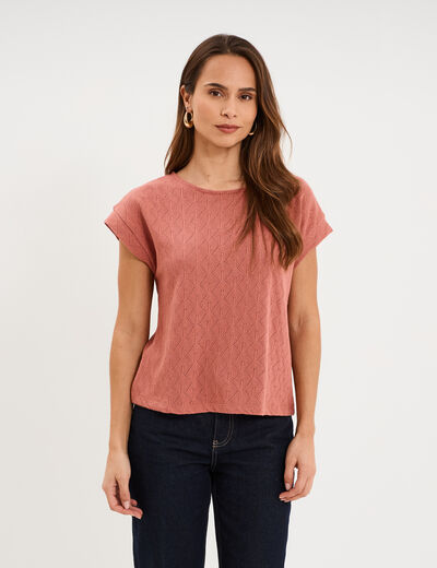 T-shirt ajour&eacute; manches courtes terracotta femme