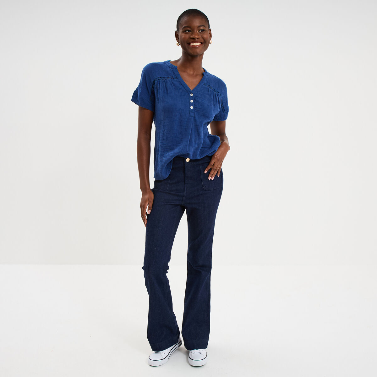 Blouse Col tunisien gaze de coton bleu marine femme