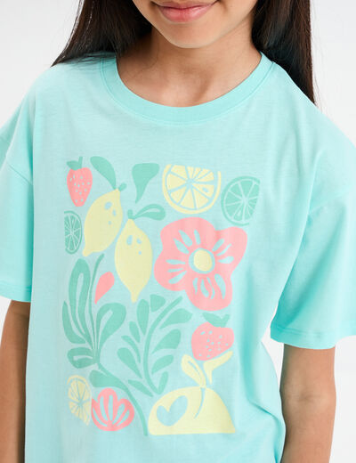 T-shirt col rond manches courtes coton bleu turquoise fille