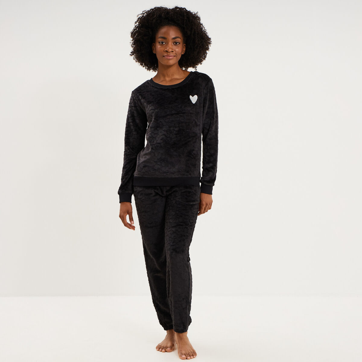 Ensemble pyjama effet polaire col rond noir femme