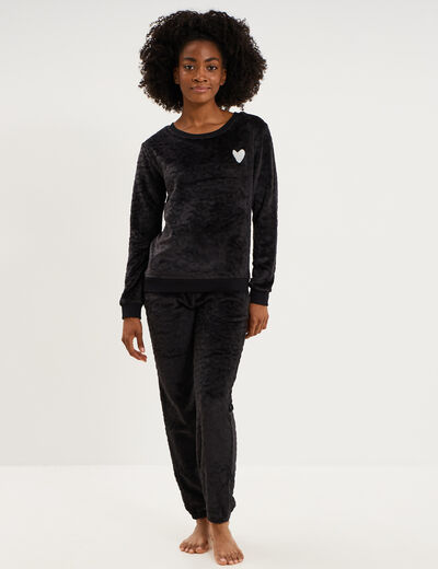Ensemble pyjama effet polaire col rond noir femme