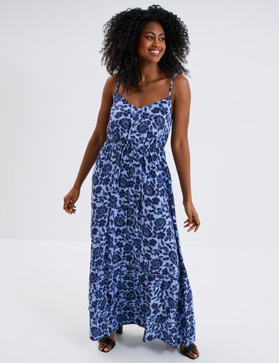 Robe longue bretelles et col en V bleu femme