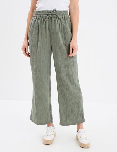 Pantalon fluide élastiqué gaze de coton vert kaki femme