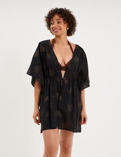 Robe de plage en coton col V noir femme