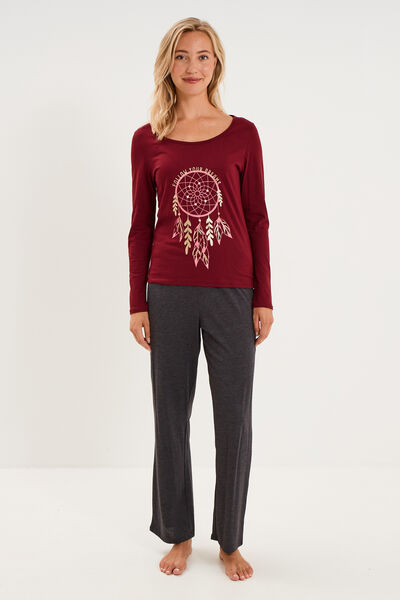 Ensemble pyjama pantalon 2 pi&egrave;ces coton bordeaux femme
