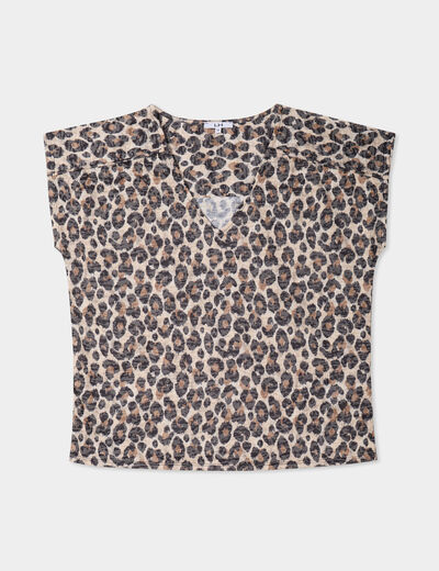 T-shirt col en V manches courtes beige femme