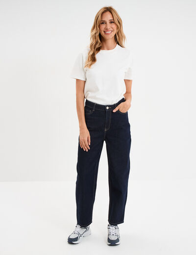 Jean balloon taille haute cropped coton denim brut femme