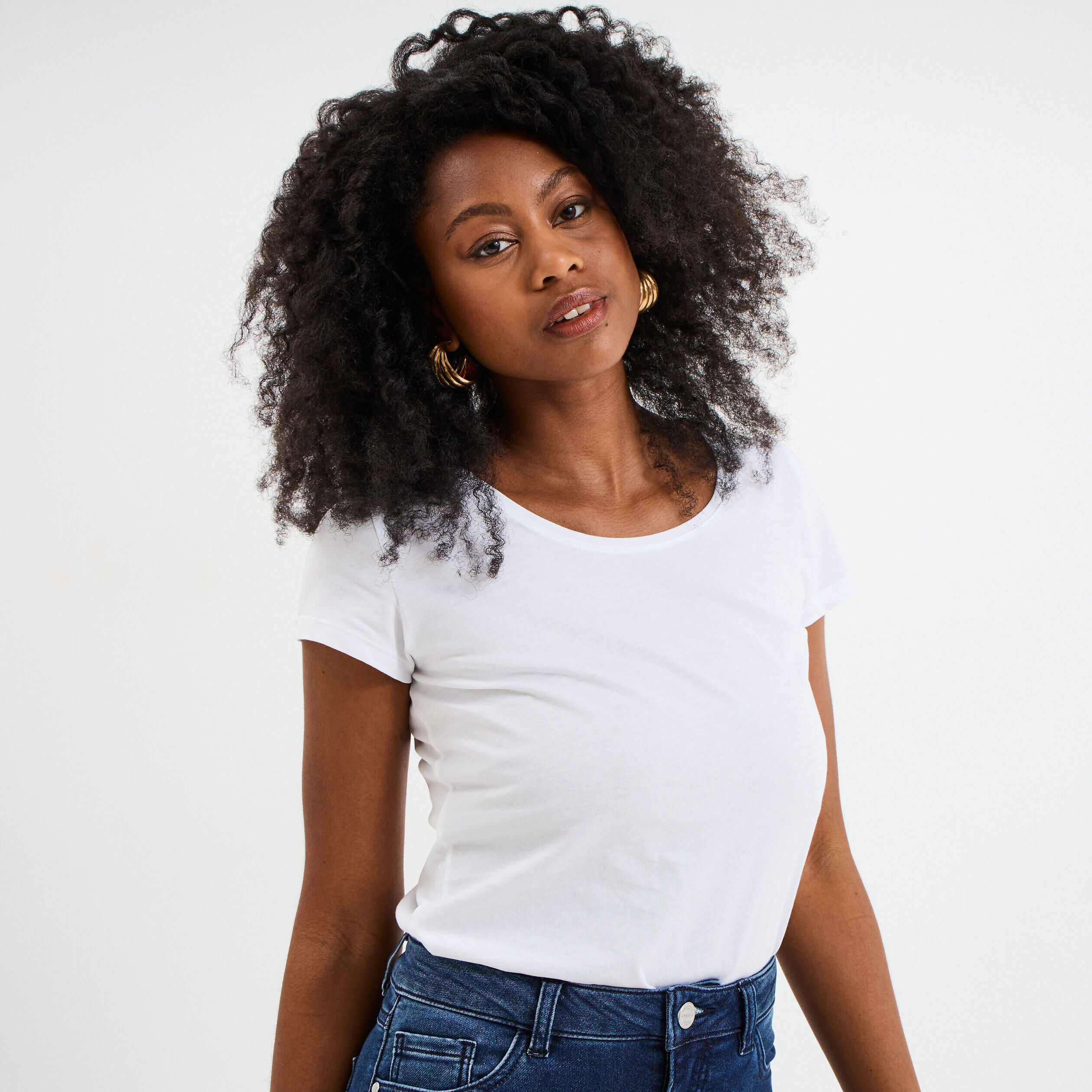 T-shirt coton col rond manches courtes blanc femme LH