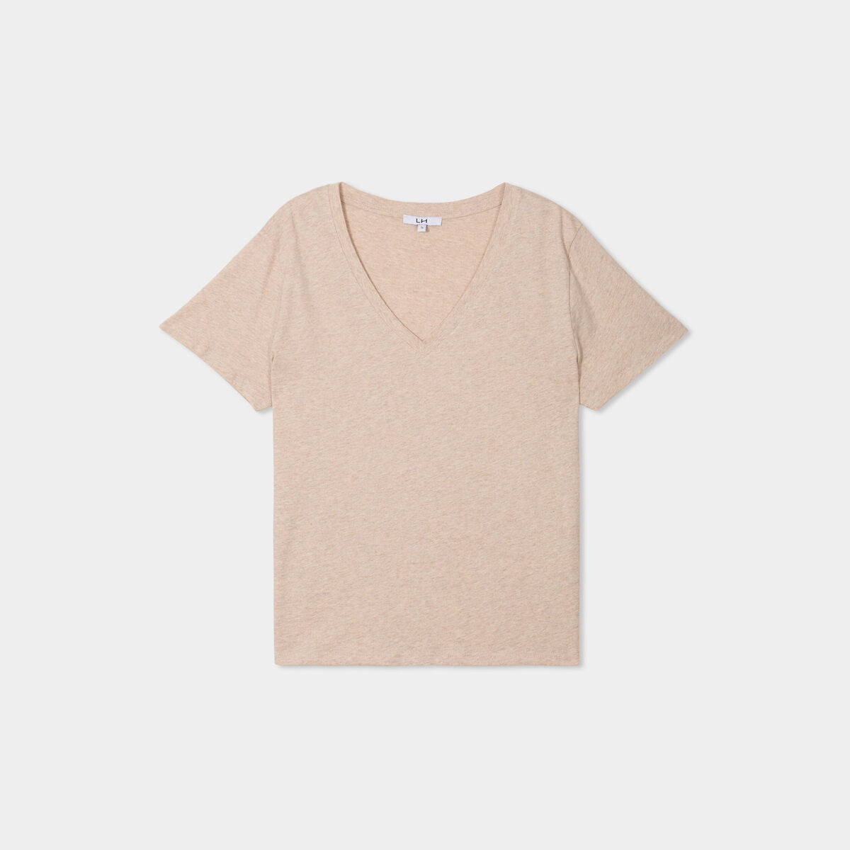 T-shirt manches courtes col en V coton beige femme