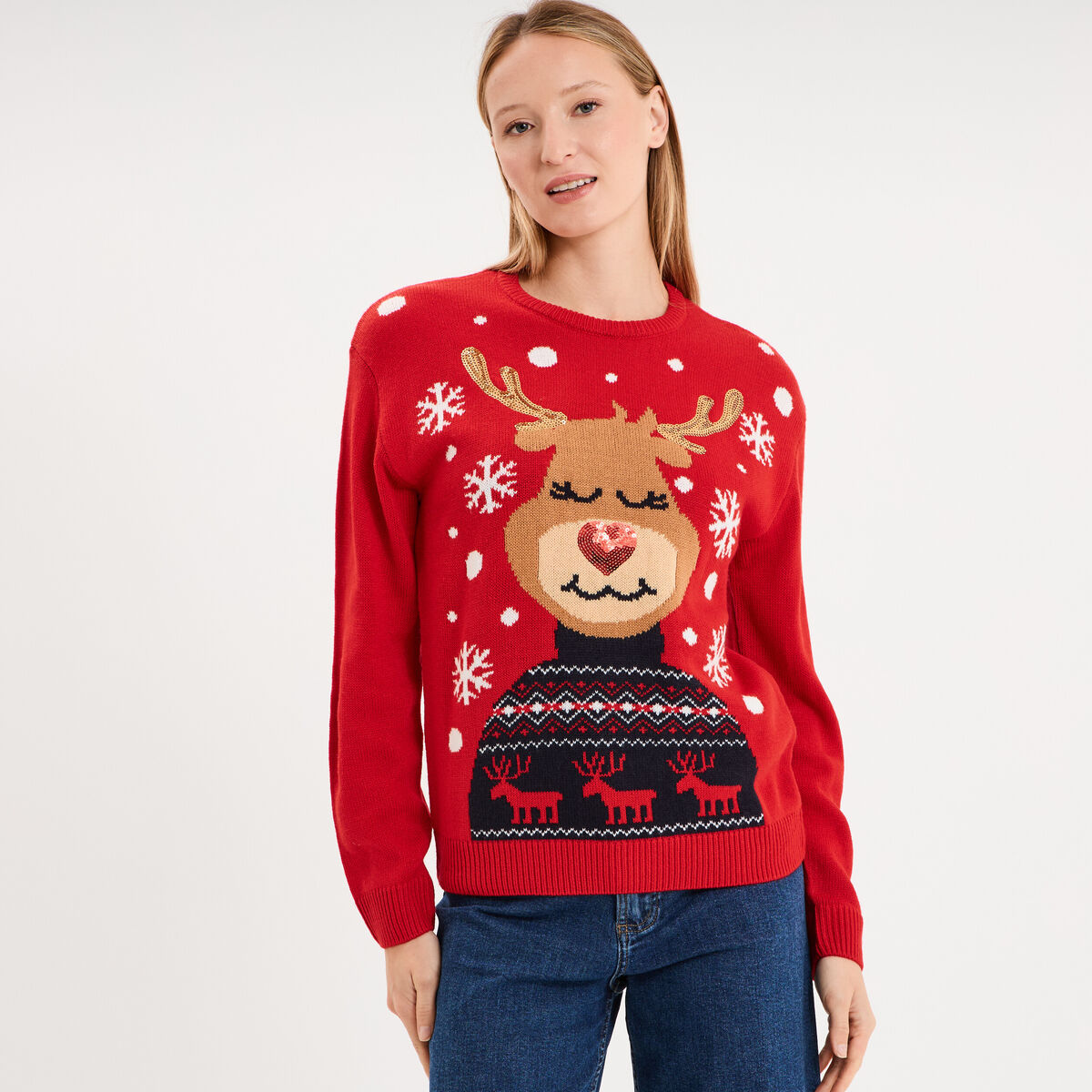 Pull de No&euml;l &agrave; sequins manches longues rouge femme