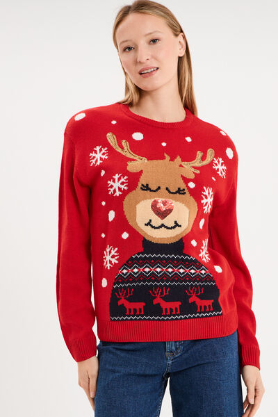 Pull de No&euml;l &agrave; sequins manches longues rouge femme