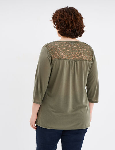 T-shirt col tunisien avec dentelle vert kaki femme grande taille