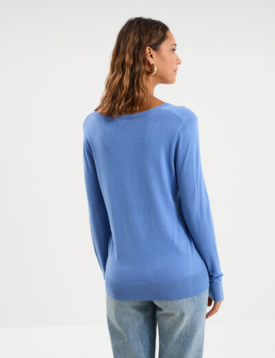 Pull col en V manches longues bleu electrique femme