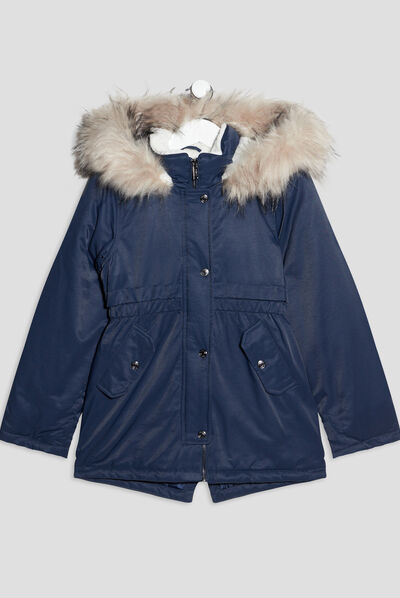 Parka droite capuche fausse fourrure bleu marine fille