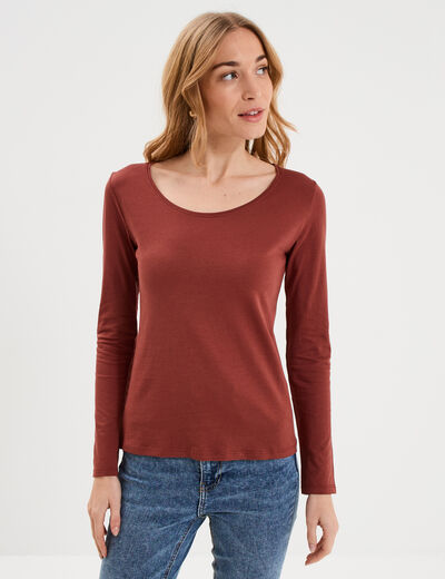 T-shirt coton col rond manches longues marron cognac femme