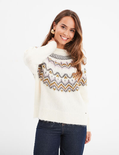 Pull jacquard col rond manches longues beige femme