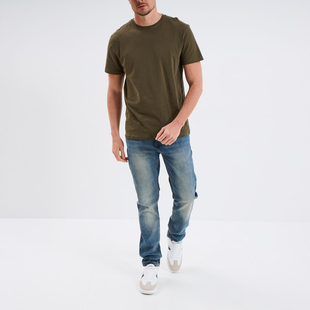 T-shirt droit en coton manches courtes vert kaki homme
