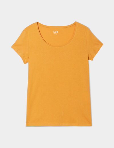 T-shirt coton col rond manches courtes jaune moutarde femme