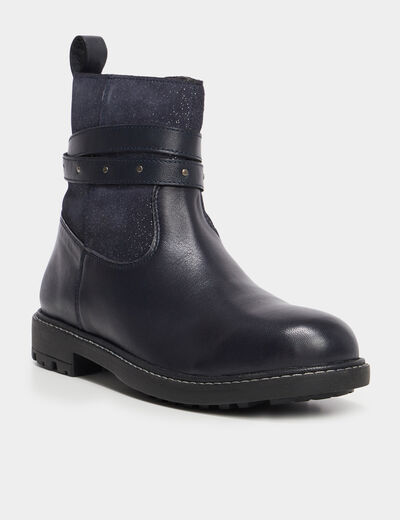 Bottines clous et paillettes en cuir bleu marine fille