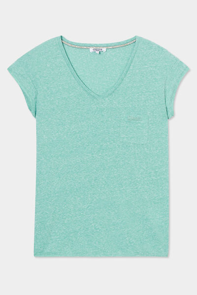 T-shirt col v poche poitrine Creeks vert clair femme