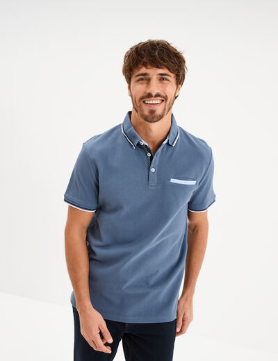 Polo piqu&eacute; manches courtes coton bleu gris homme