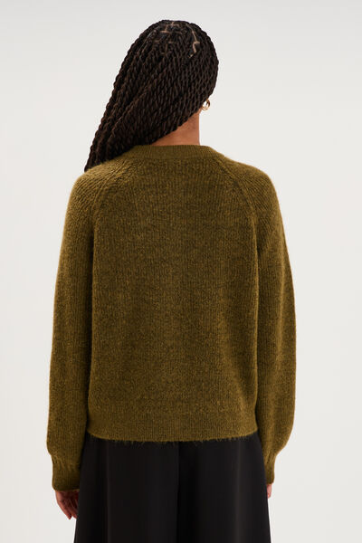 Gilet cardigan col rond boutonn&eacute; vert olive femme