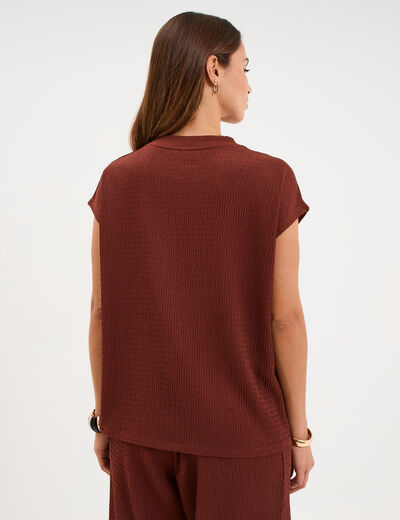 T-shirt gaufr&eacute; col rond avec boutons bordeaux femme