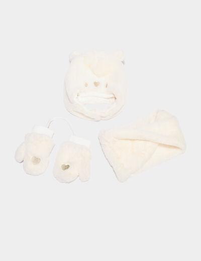 Ensemble bonnet, tour de cou et moufles ivoire b&eacute;b&eacute; fille
