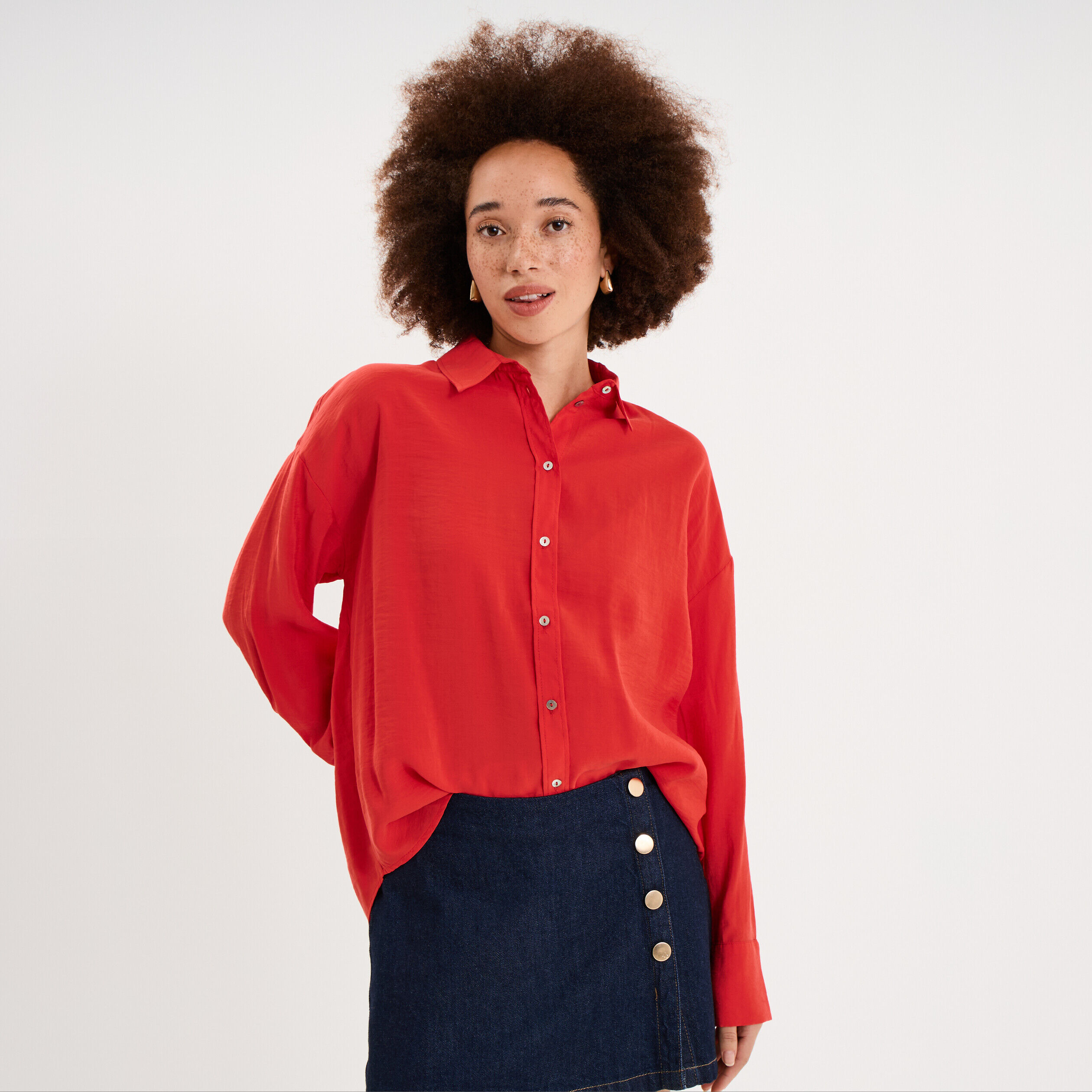 Chemise fluide manches longues oversize rouge femme